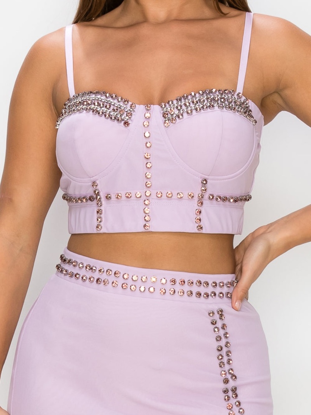 Black Crystal-Embellished Crop Top & High-Slit Skirt Set - Picture 6 of 8